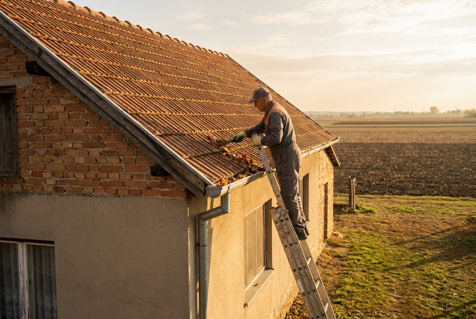 Dachrinnenreinigung und Instandhaltung eines Hauses mit Ziegeldach