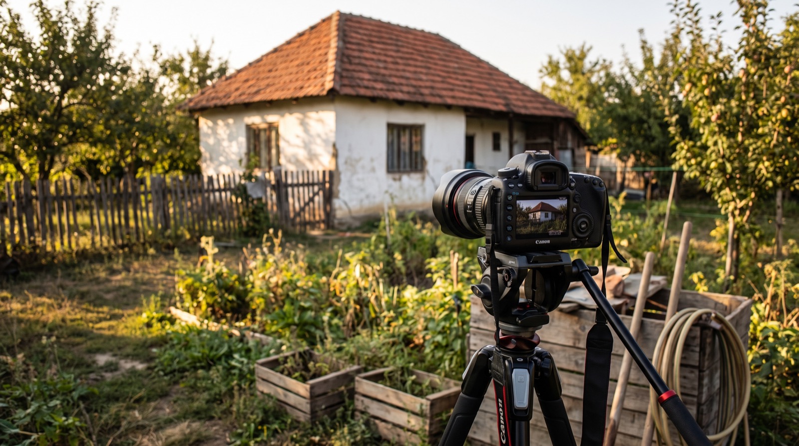 Professionelle Kamera auf einem Stativ fotografiert das Haus für ein Inserat