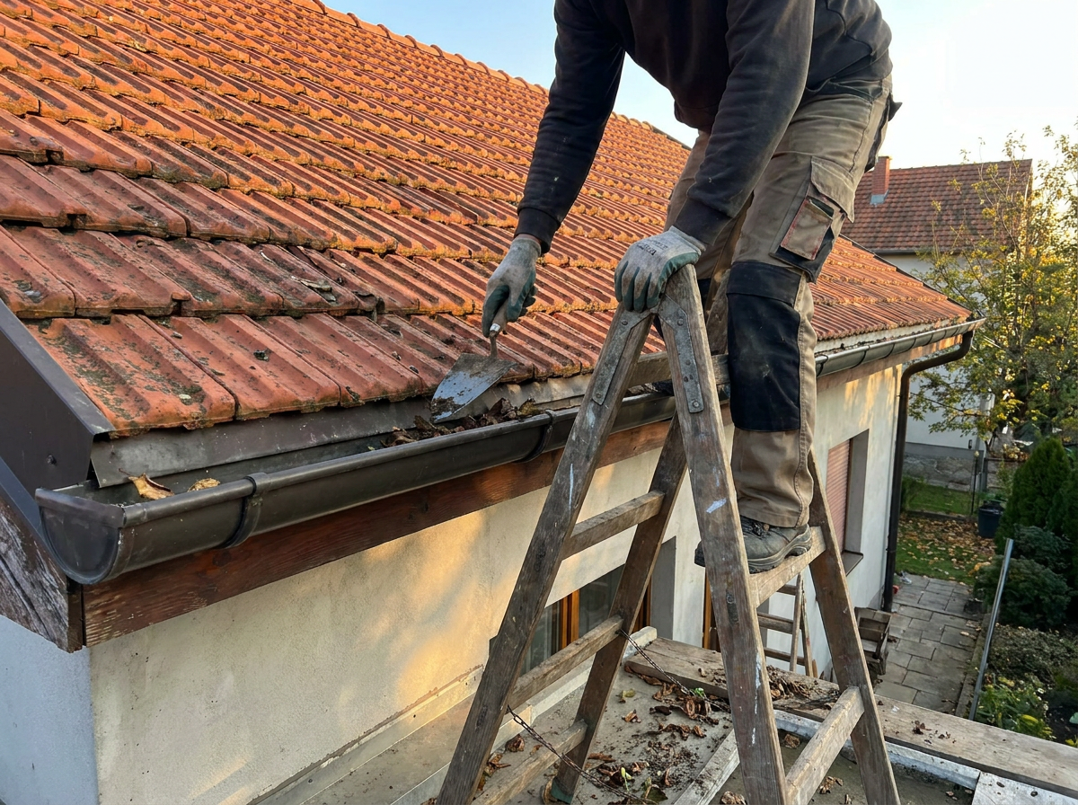 Reinigung der Dachrinne von Laub